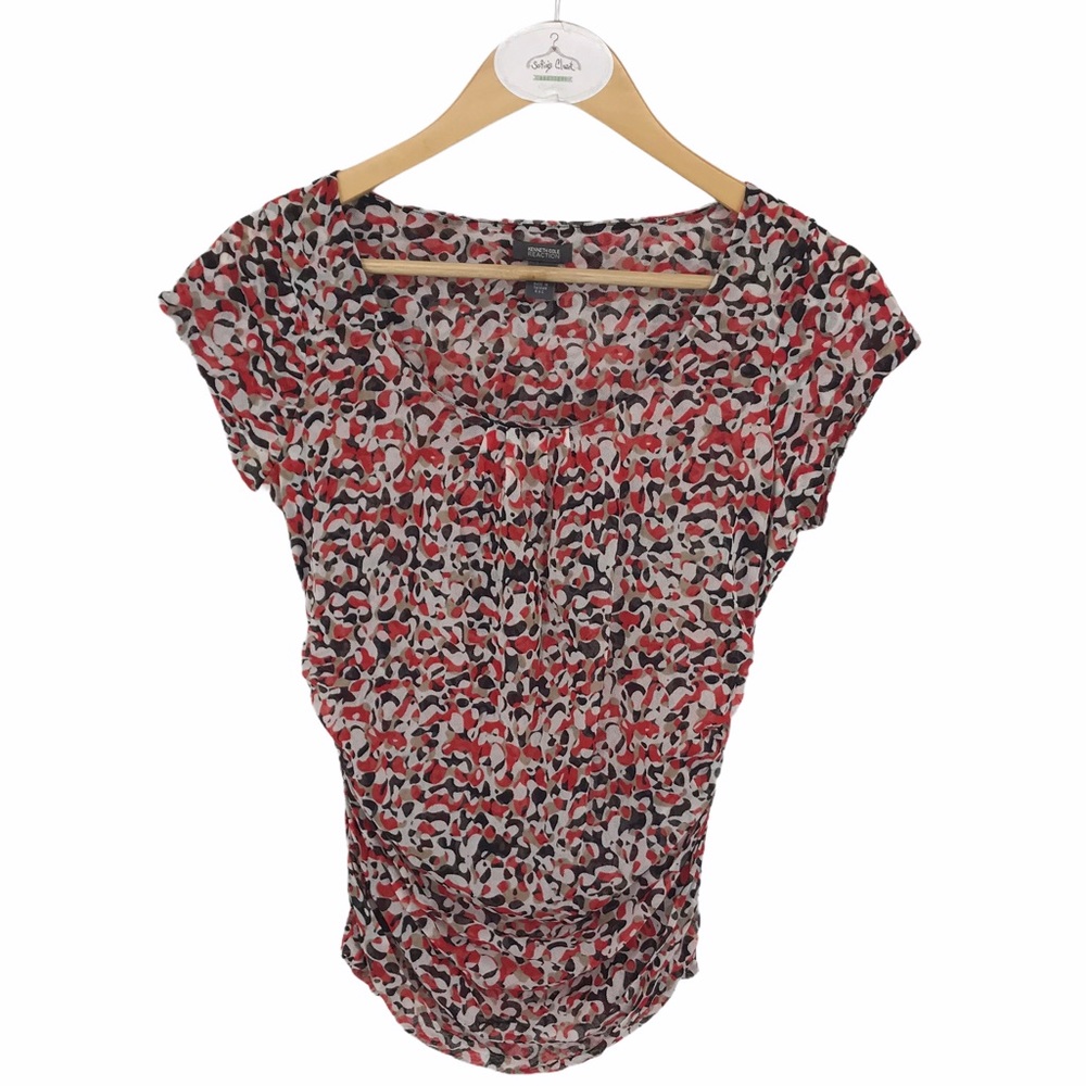 Kenneth Cole reaction top s cap sleeve ruched red white black geo